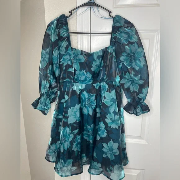 Teal Blue Floral Chiffon Babydoll Dress Square Neck M - Picture 1 of 7